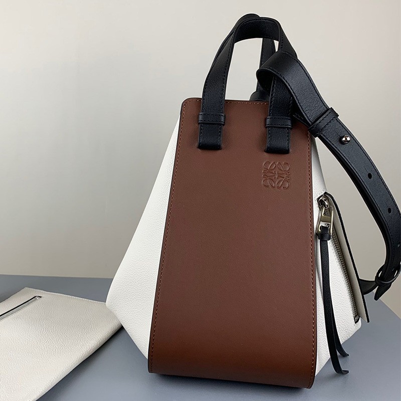 Loewe Small Hammock Bag Patchwork Calfskin In Coffee/White